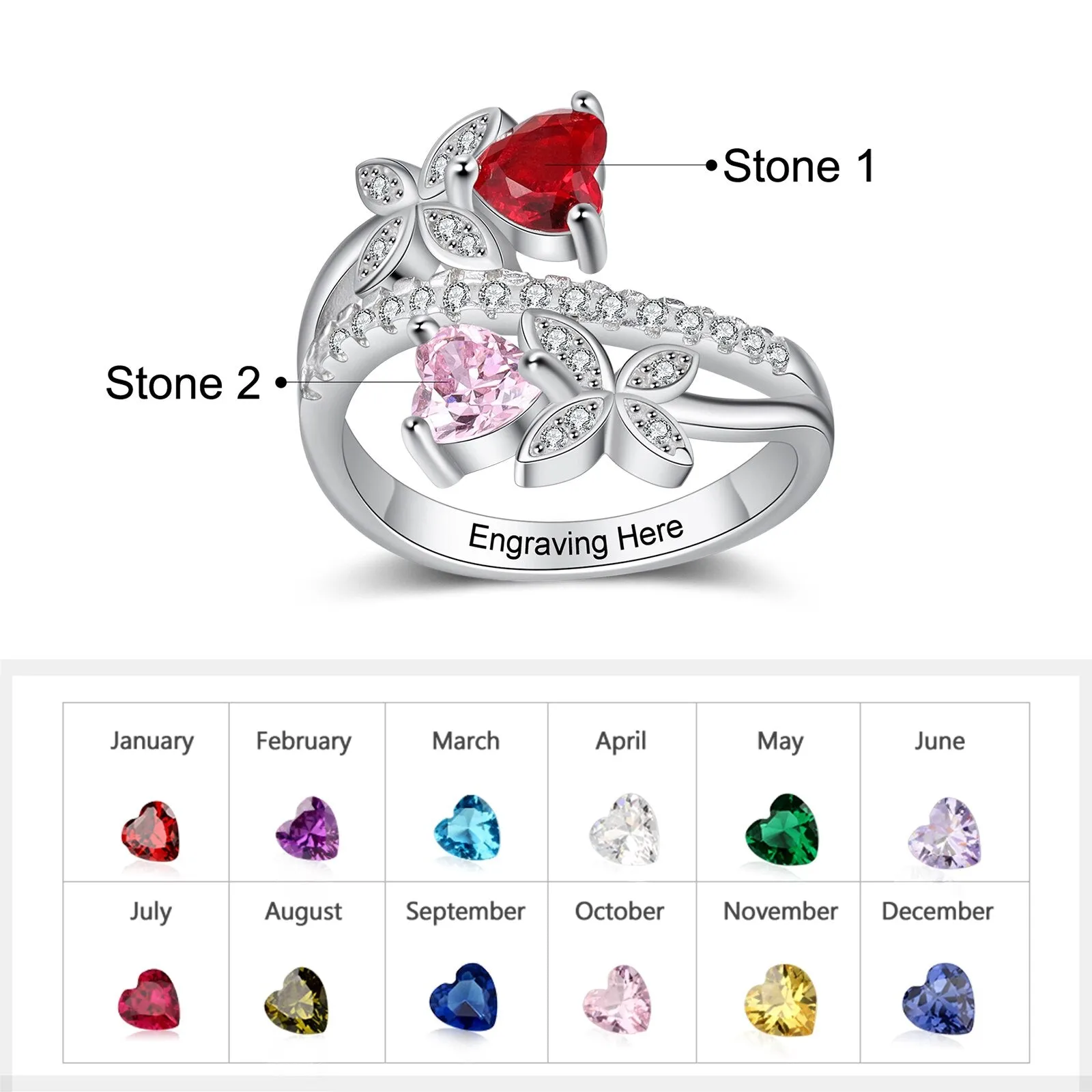 Personalized Butterfly Engraved Ring with 2 Heart Birthstones Cubic Zirconia Paved Wedding Engagement Rings for Women