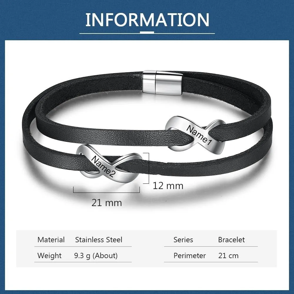 Personalized Engraved Name Double Infinity Bracelets Stainless Steel Black Leather Bracelets for Men Gift for Fathers