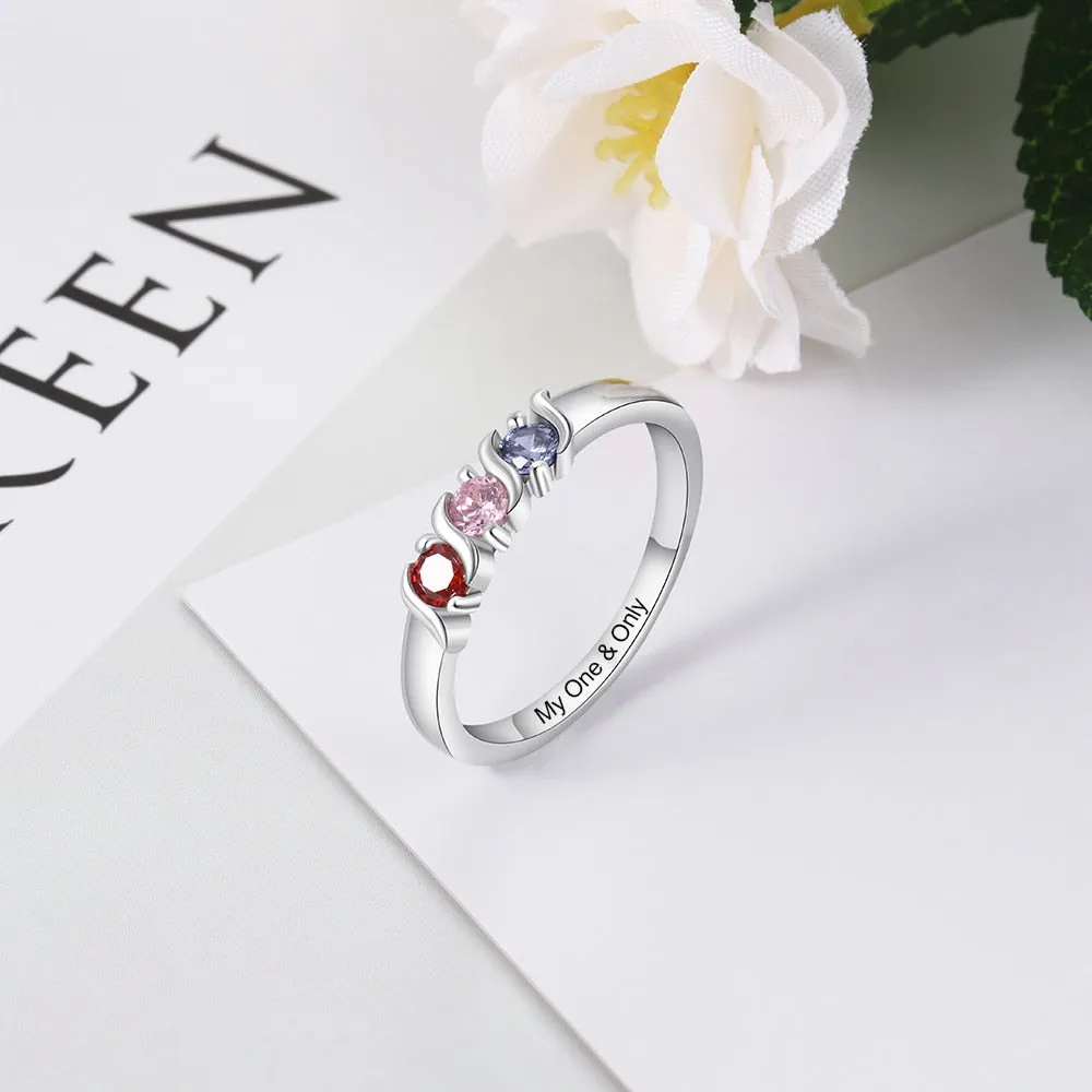 Personalized Engraved Name Promise Rings for Women Customized 3 Birthstones Mother Ring Gift for Family