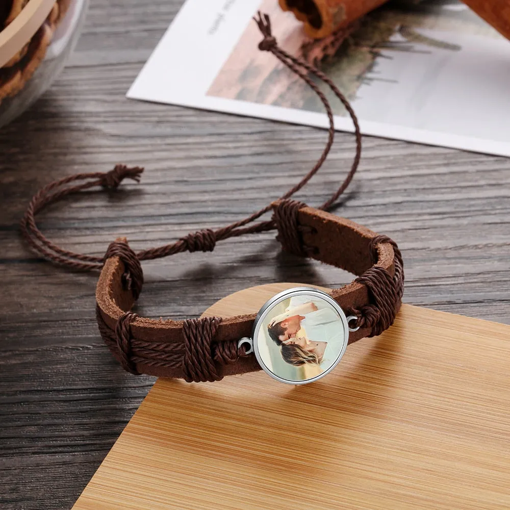 Personalized Photo Charm Braided Rope Leather Bracelets