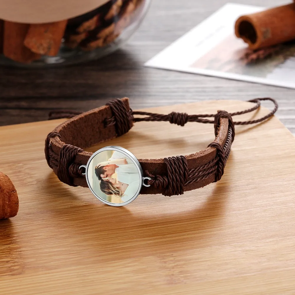 Personalized Photo Charm Braided Rope Leather Bracelets