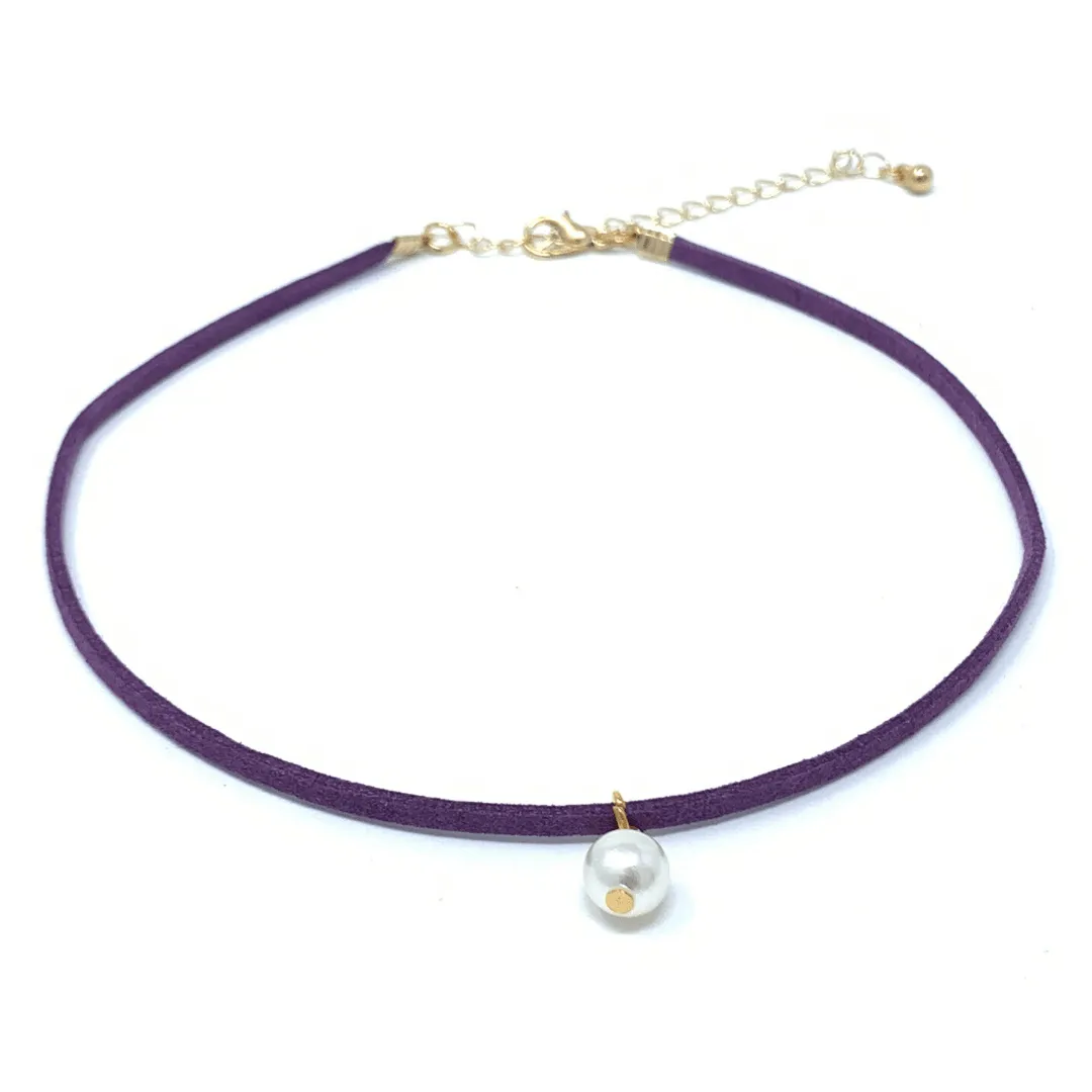 Purple Suede Choker Necklace Pearl Pendant