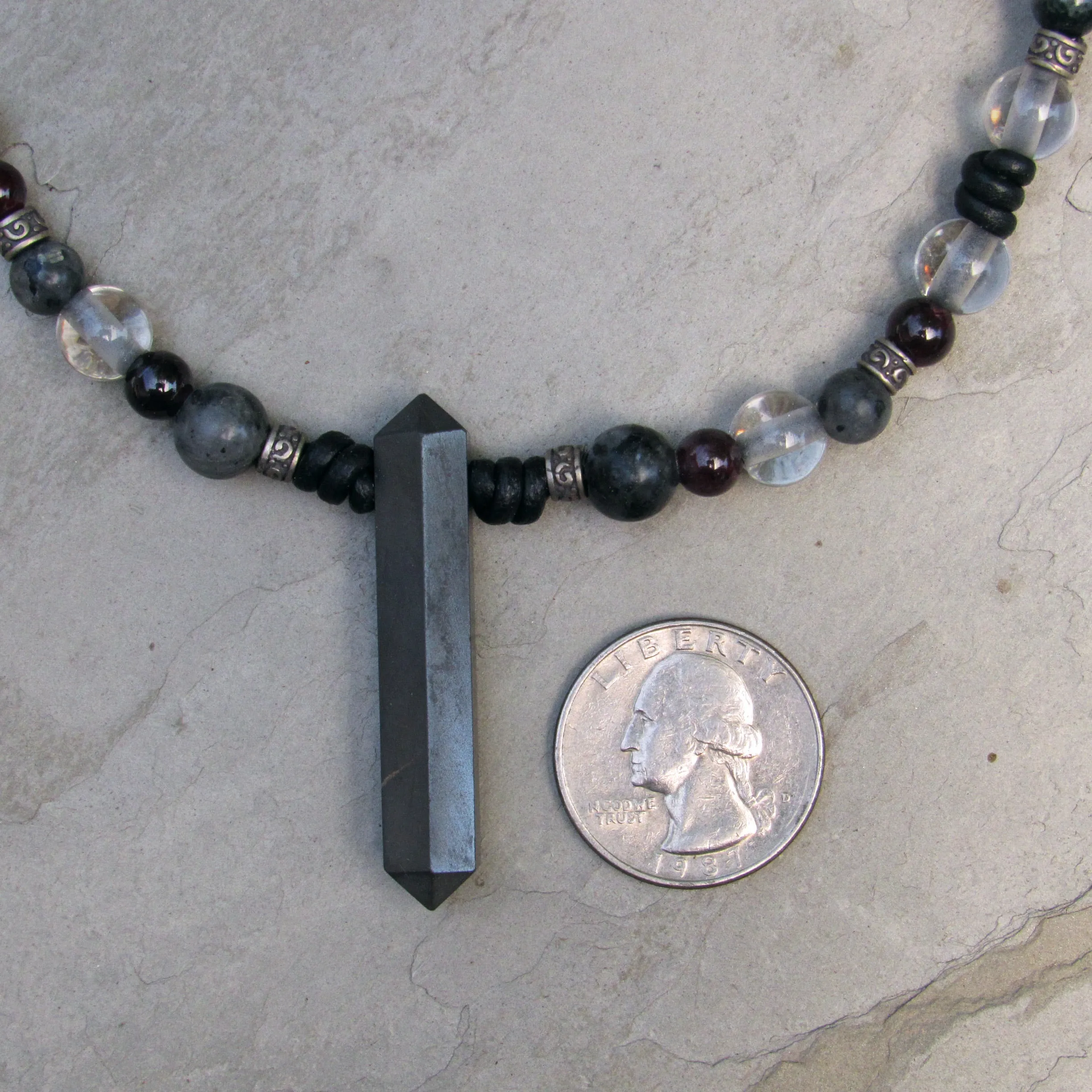 Pyrite, Garnet, Clear Quartz, Black Labradorite gemstones with Sterling Silver on Leather