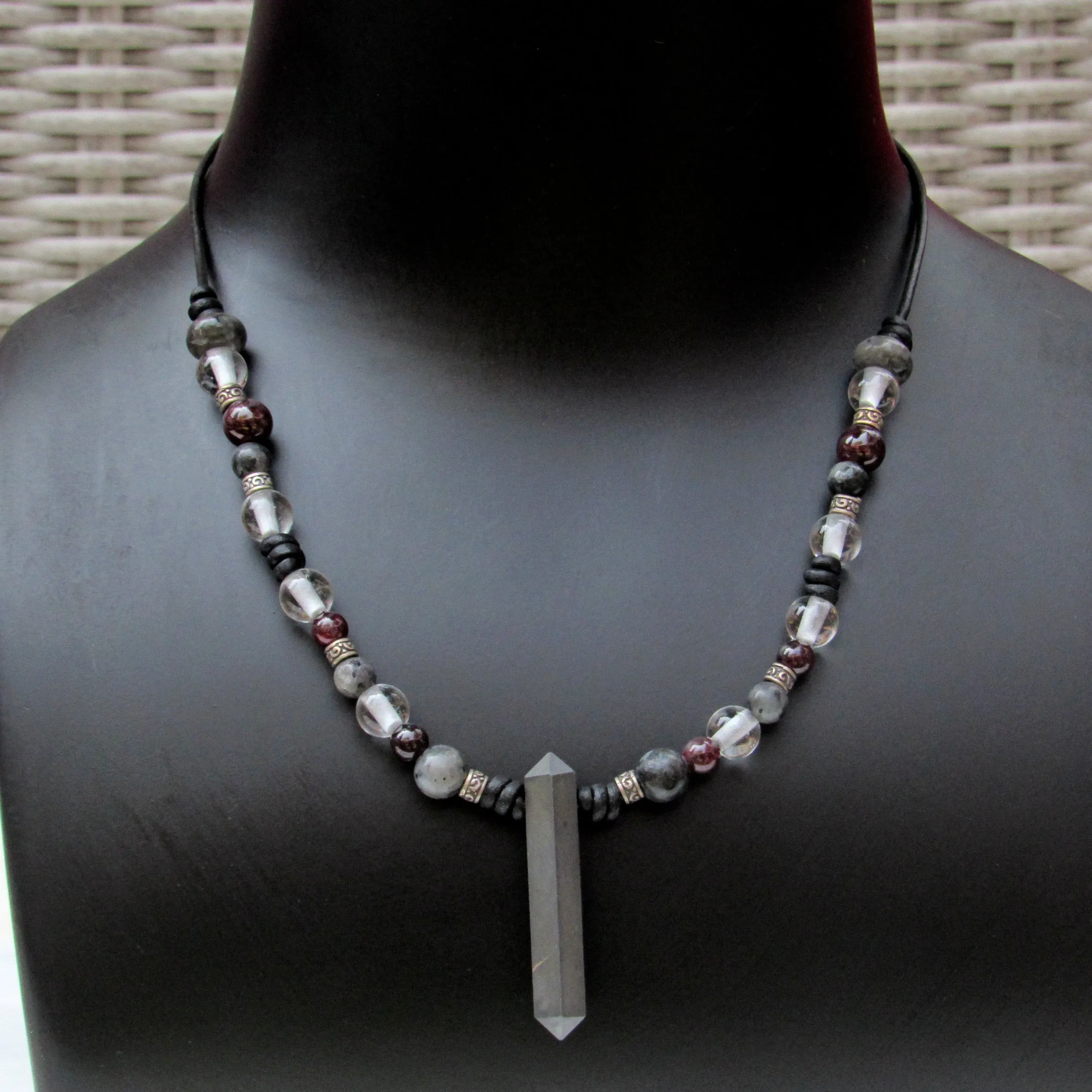 Pyrite, Garnet, Clear Quartz, Black Labradorite gemstones with Sterling Silver on Leather