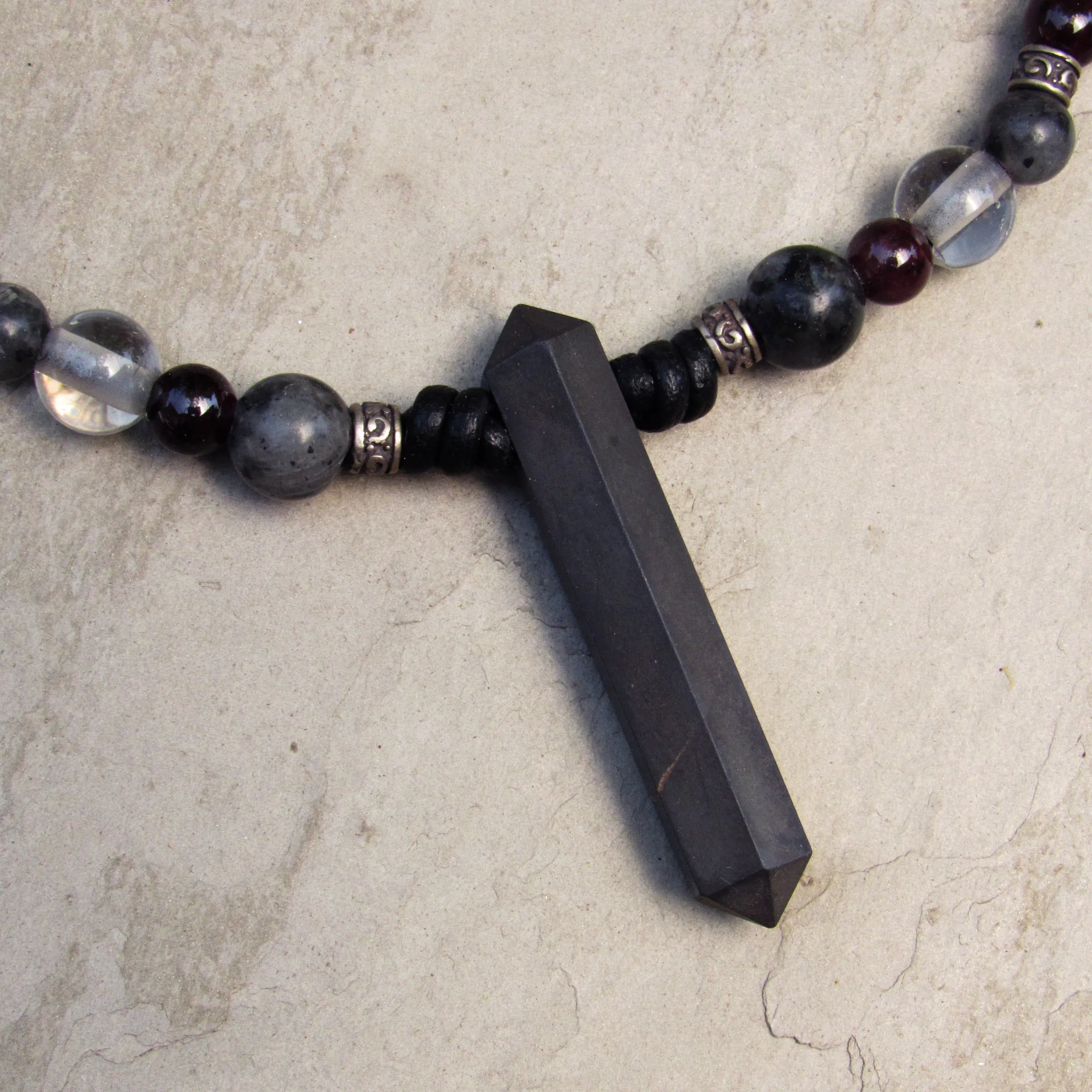 Pyrite, Garnet, Clear Quartz, Black Labradorite gemstones with Sterling Silver on Leather