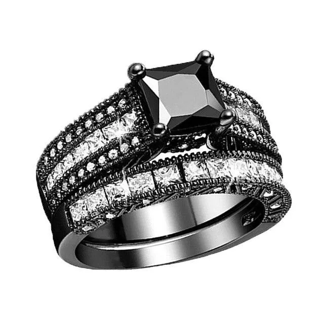 Rhinestone & Cubic Zirconia and Black Stainless Steel His & Hers Matching Rings