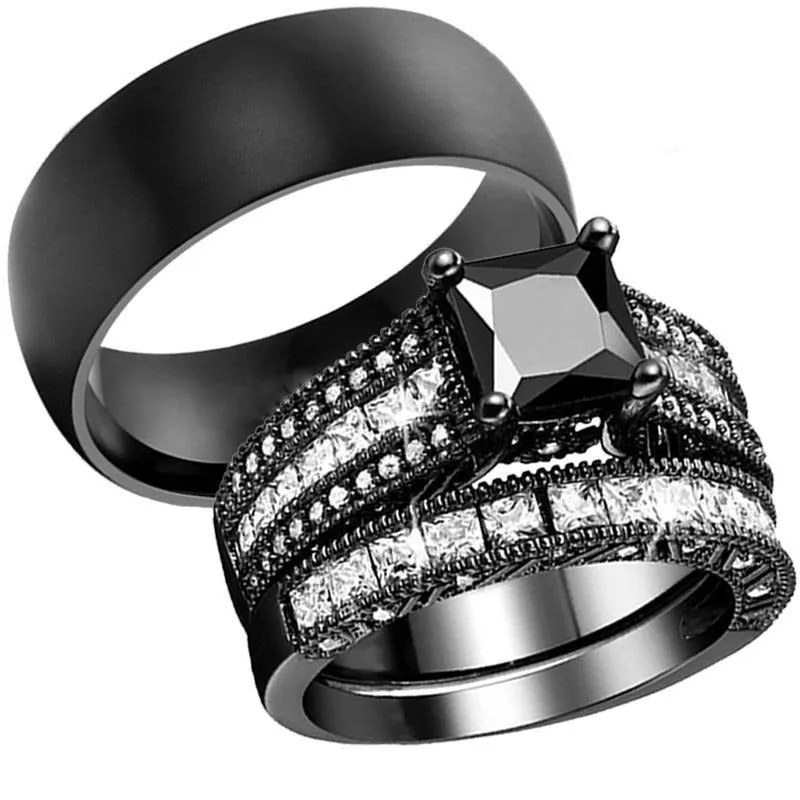 Rhinestone & Cubic Zirconia and Black Stainless Steel His & Hers Matching Rings