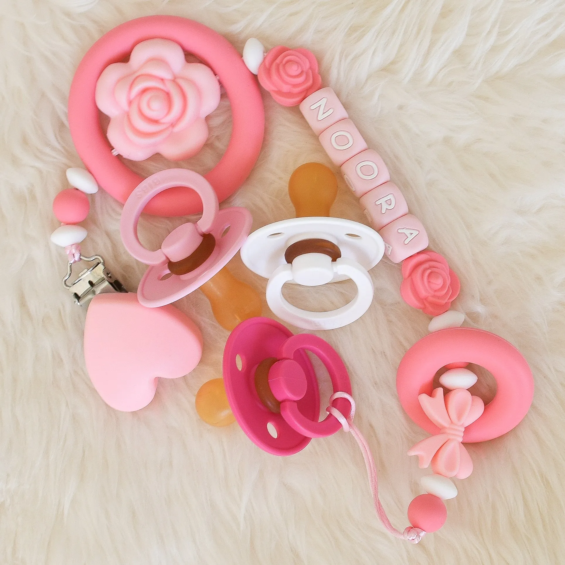 Rose Pacifier Clip & BIBS Pacifiers