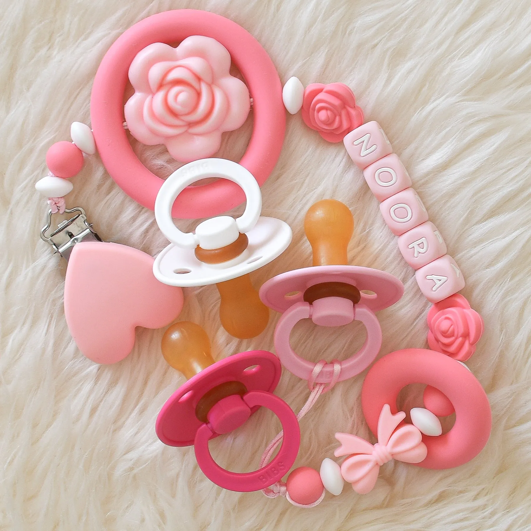 Rose Pacifier Clip & BIBS Pacifiers