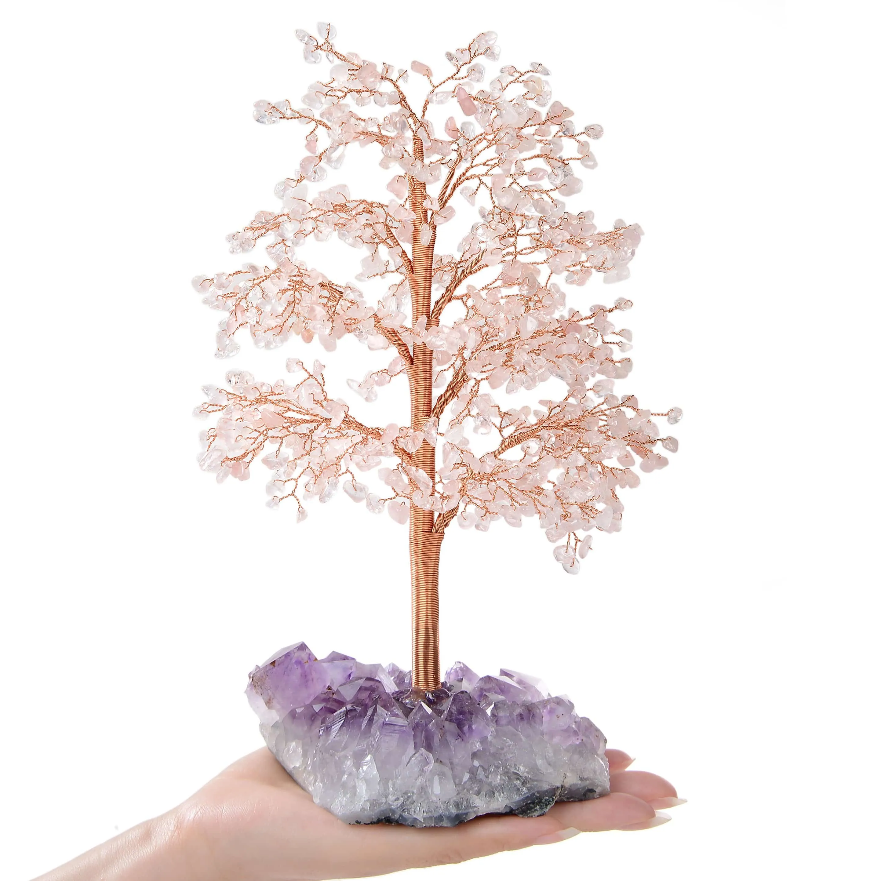 Rose Quartz Tree of Life on Amethyst Geode Base with 728 Natural Gemstones