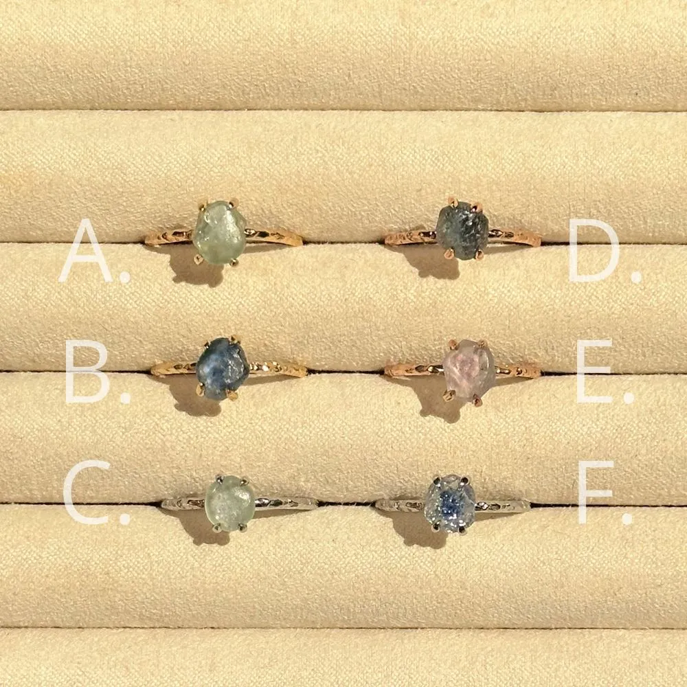 Rough Montana Sapphire Dainty Evergreen Prong Set Rings in 14k White, Yellow and Rose Gold