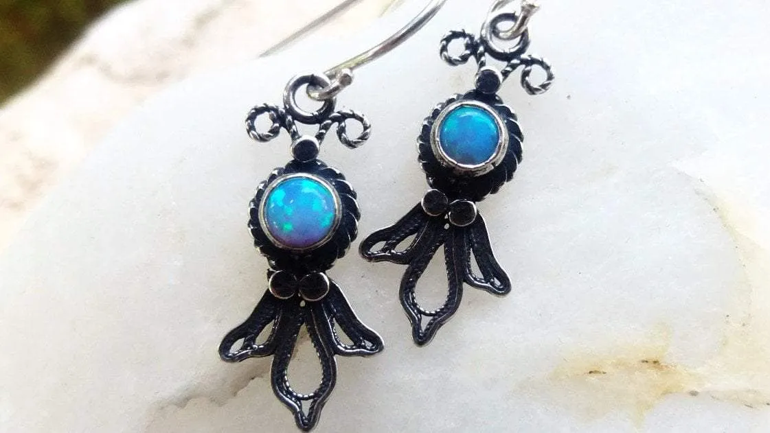 Silver Earrings Delicate Filigree Israeli silver earrings with gemstones.