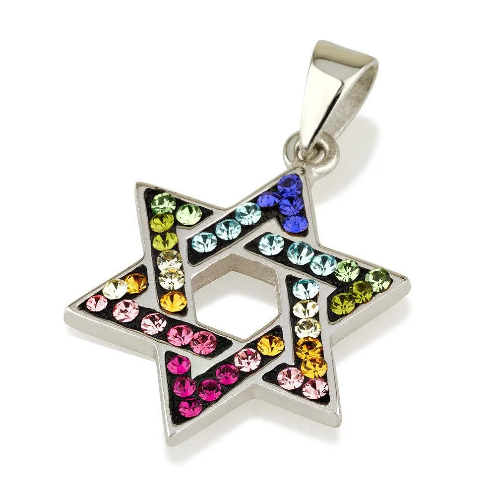 Star of David Pendant with Multi Colors Gemstones   Sterling Silver Necklace #5