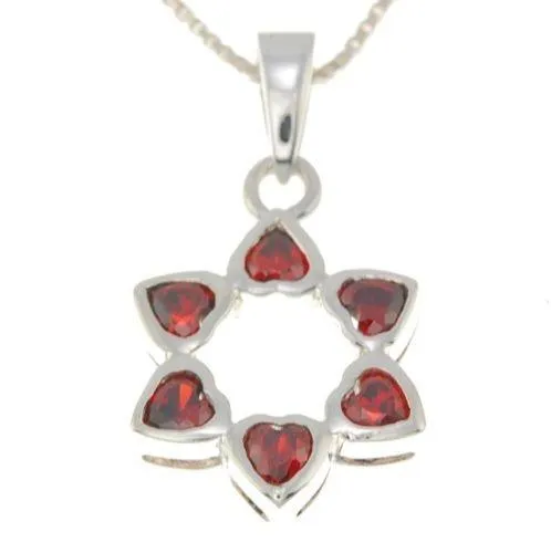 Star of David Pendant With Red Gemstones   925 Sterling Silver Necklace