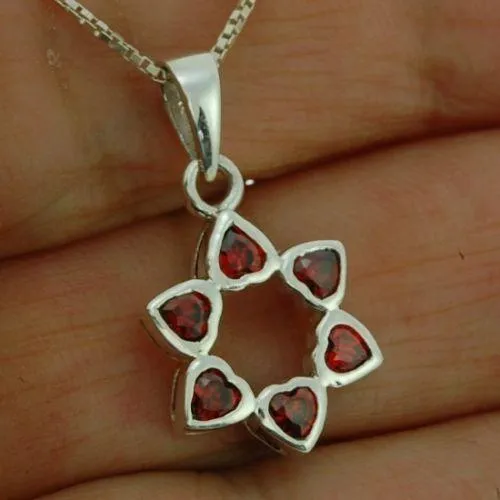 Star of David Pendant With Red Gemstones   925 Sterling Silver Necklace