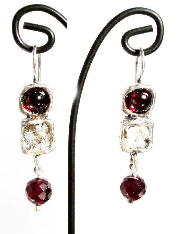 Sterling Silver Earrings, Roman Glass Earrings, dangling earrings , Israeli Jewelry, Garnet Earrings