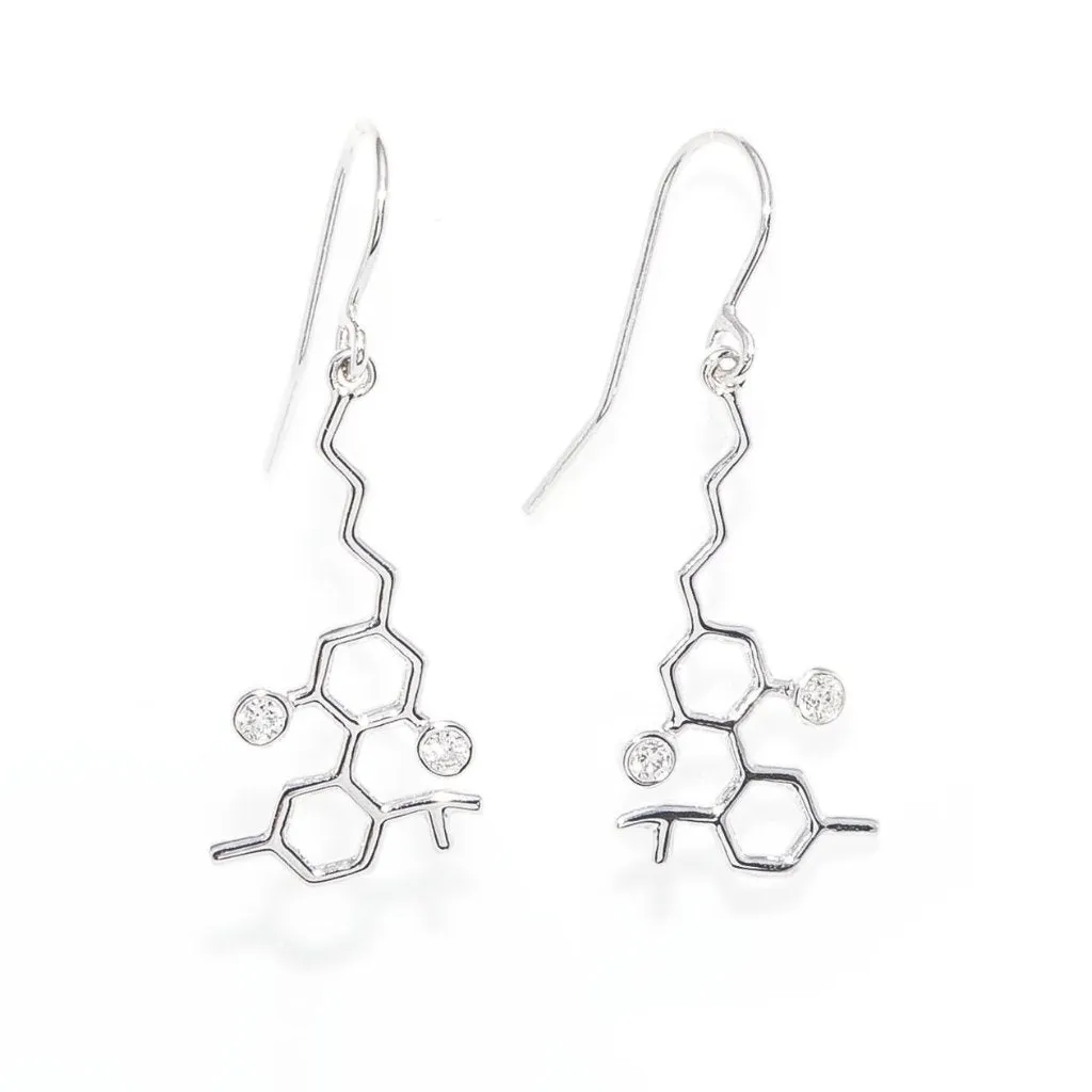 Sterling Silver Molecule Hook Earrings White Diamond Gemstones