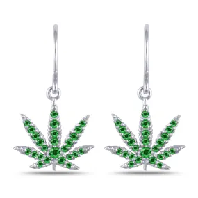 Sterling Silver Sativa Leaf Hook Earrings with Green Garnet Gemstones