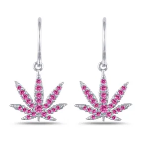 Sterling Silver Sativa Leaf Hook Earrings with Pink Sapphire Gemstones