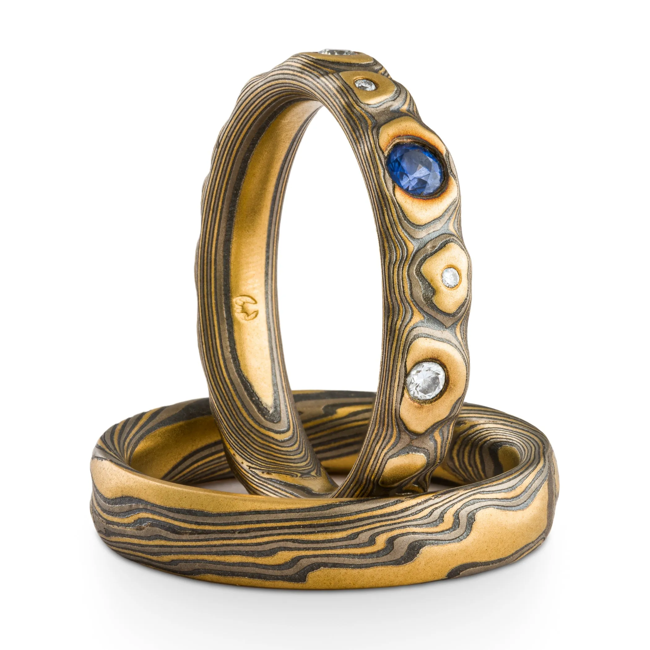 Unique Mokume Gane Rings or Wedding Set in Flare Palette and Guri Bori and Twist Patterns with Sapphire and Diamonds