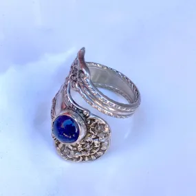 Vintage Sterling Silver Spoon Ring with Tanzanite gemstones.