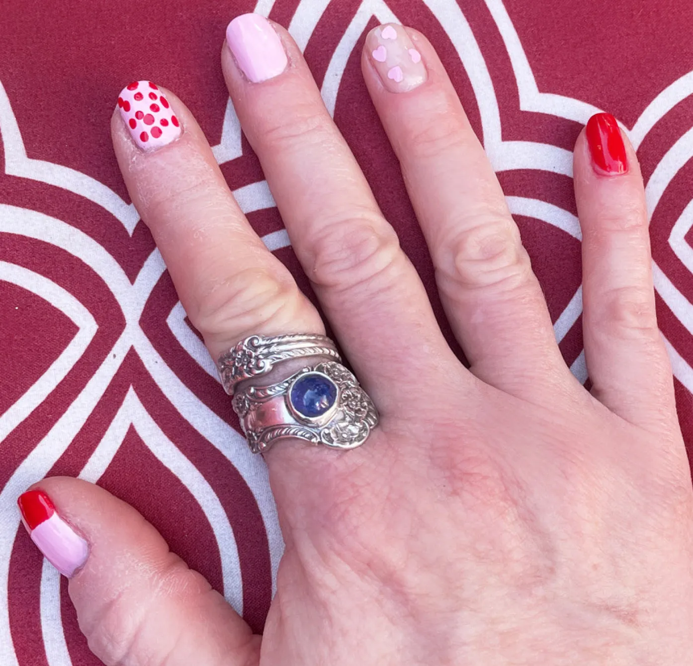 Vintage Sterling Silver Spoon Ring with Tanzanite gemstones.