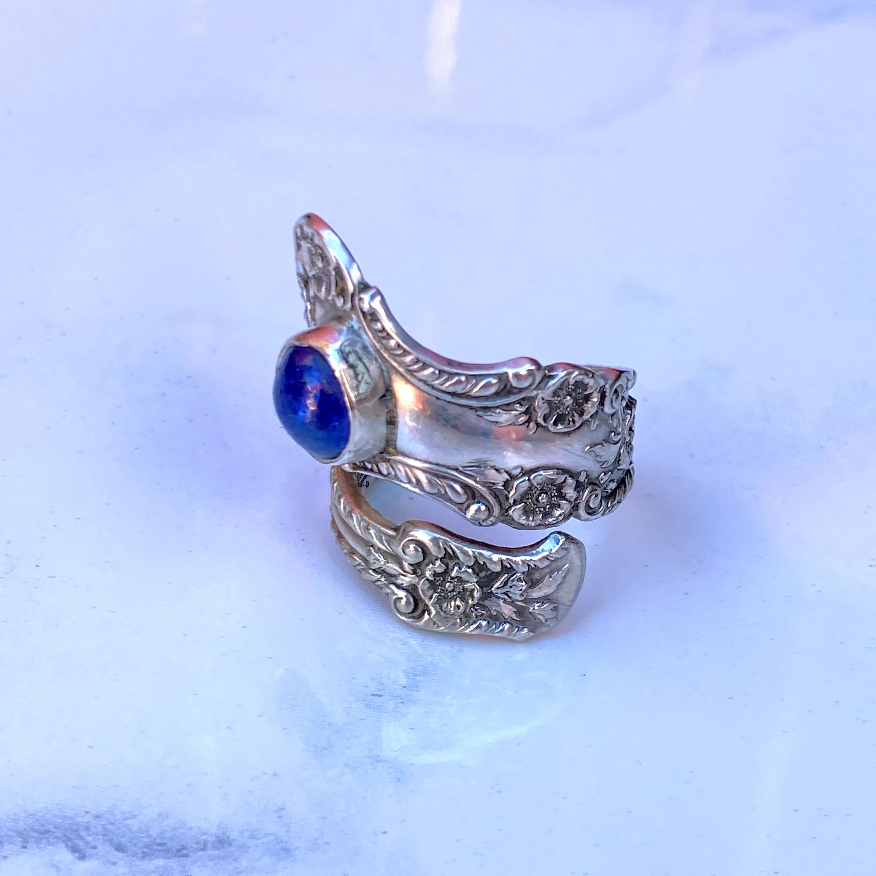 Vintage Sterling Silver Spoon Ring with Tanzanite gemstones.