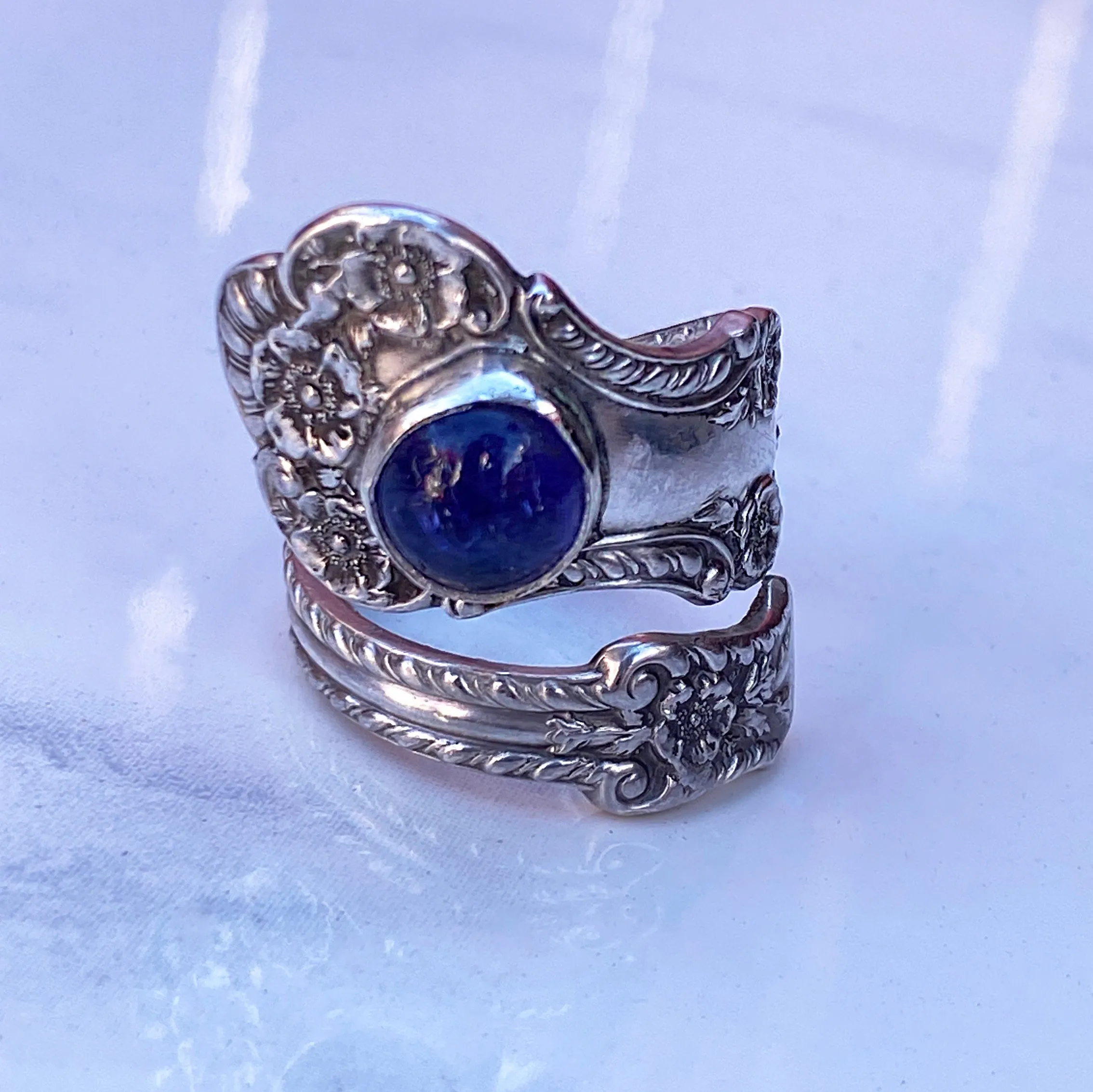 Vintage Sterling Silver Spoon Ring with Tanzanite gemstones.