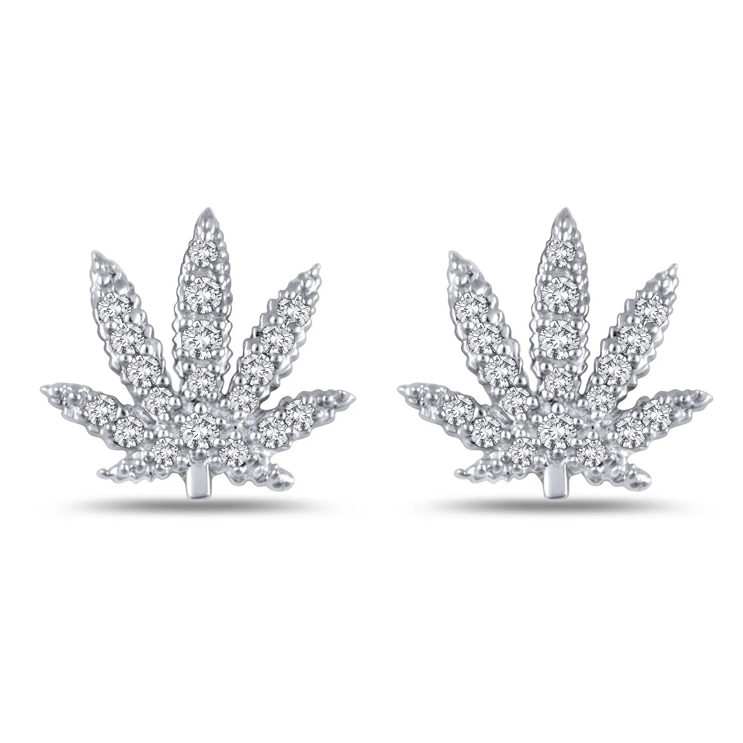 White Gold Sativa Leaf Stud Earrings with White Diamond Gemstones