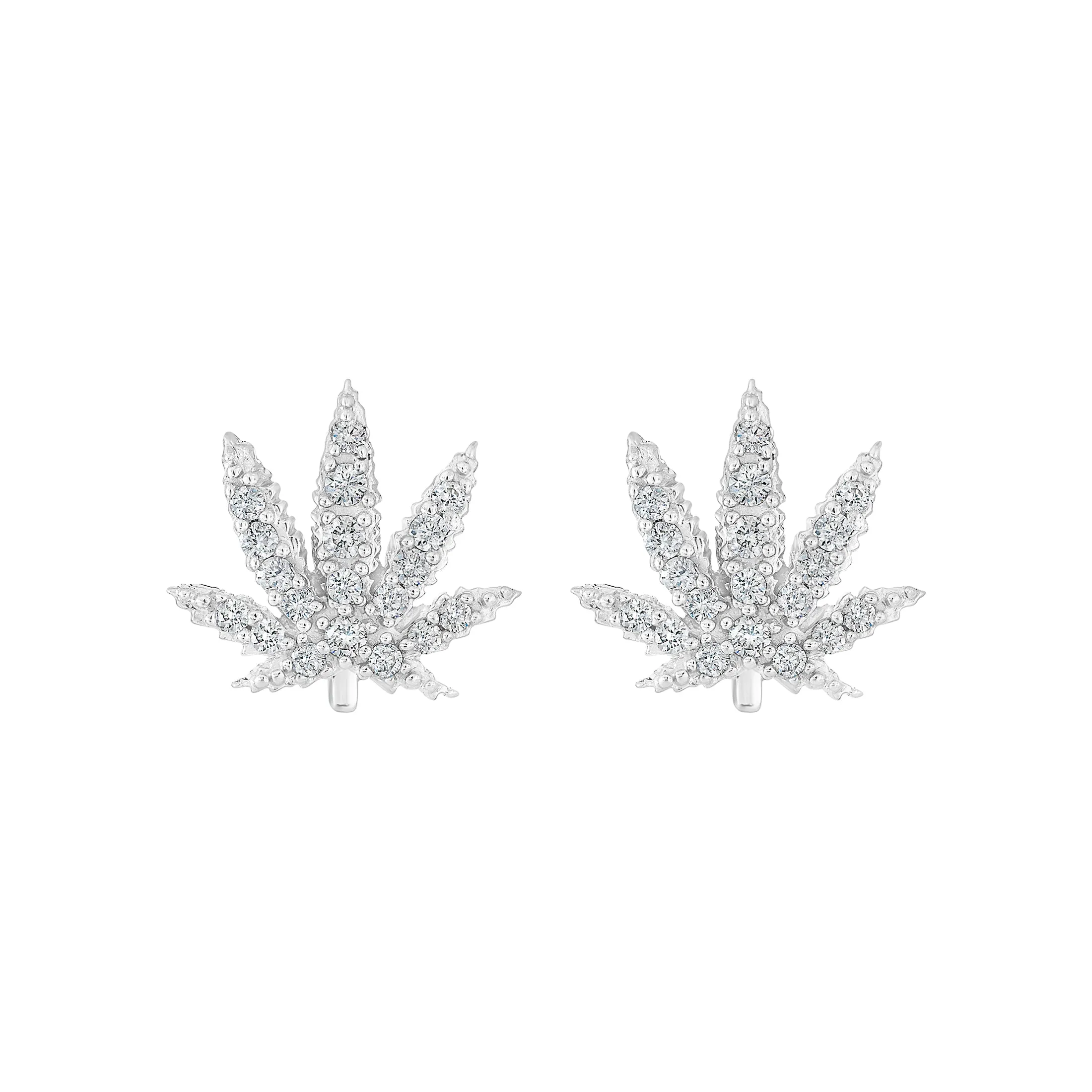 White Gold Sativa Leaf Stud Earrings with White Diamond Gemstones