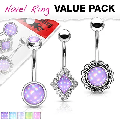 WILDKLASS 3 Pcs Value Pack Assorted Illuminating Stone Set 316L Surgical Steel Belly Button Navel Rings