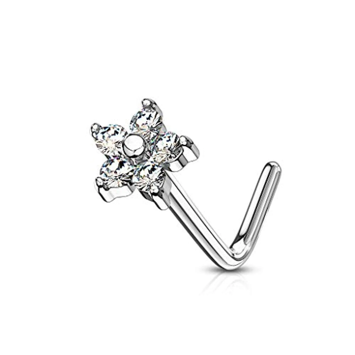 WildKlass 5 CZ Flower 316L Surgical Steel L Bend Nose Stud Rings