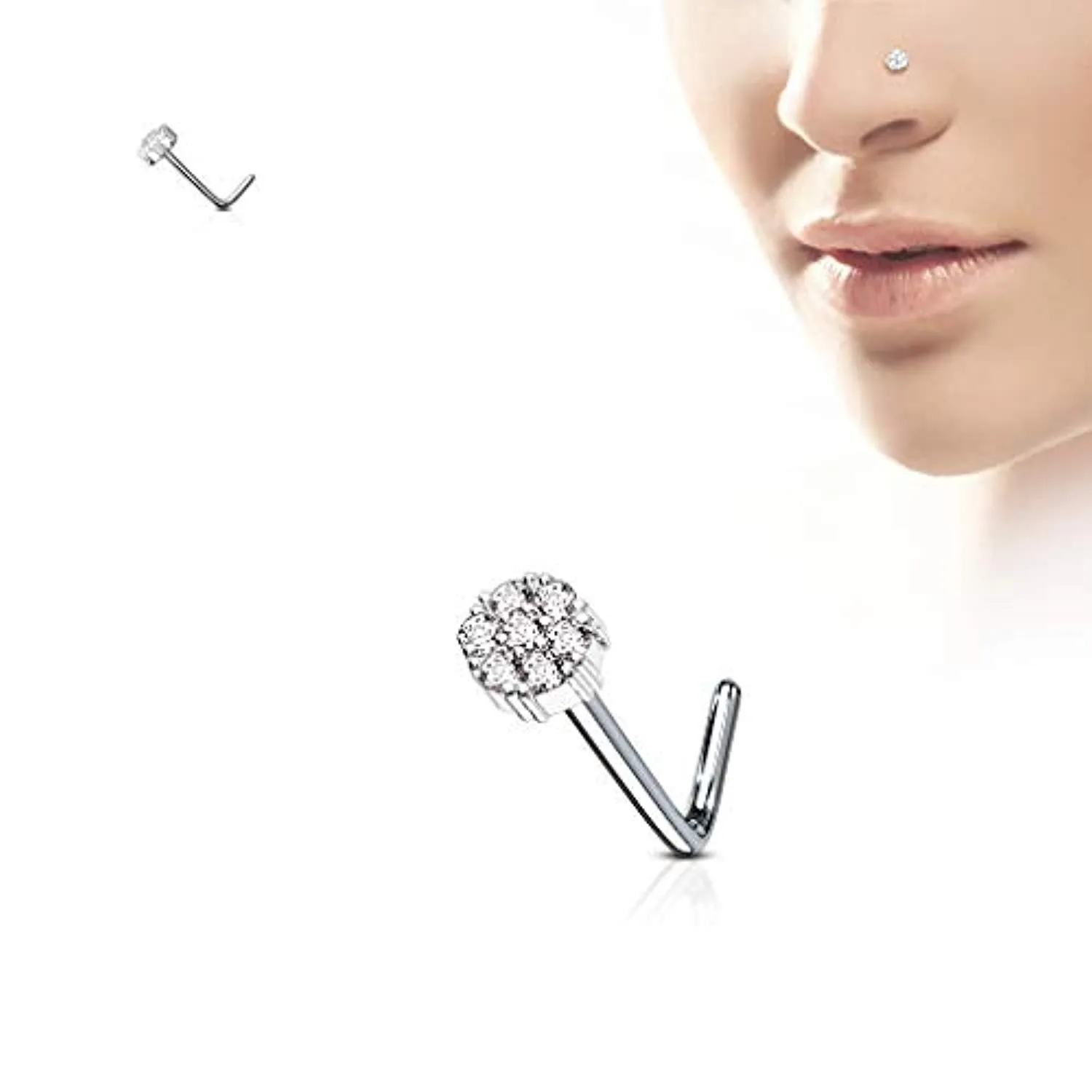 WildKlass 7 CZ Cluster Flower 316L Surgical Steel L Bend Nose Stud Rings