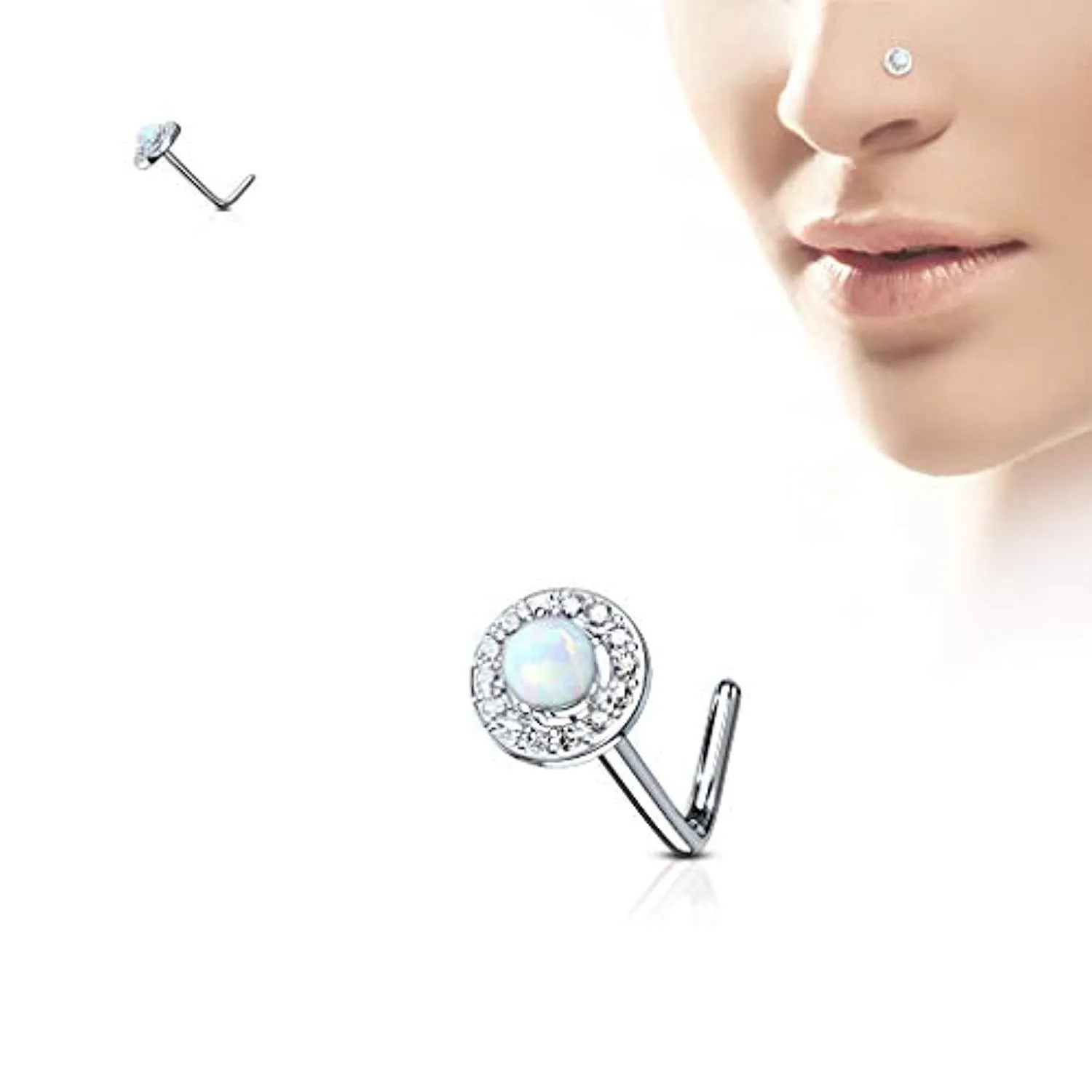 WildKlass Dome Opal Center CZ Paved Circle 316L Surgical Steel L Bend Nose Stud Rings