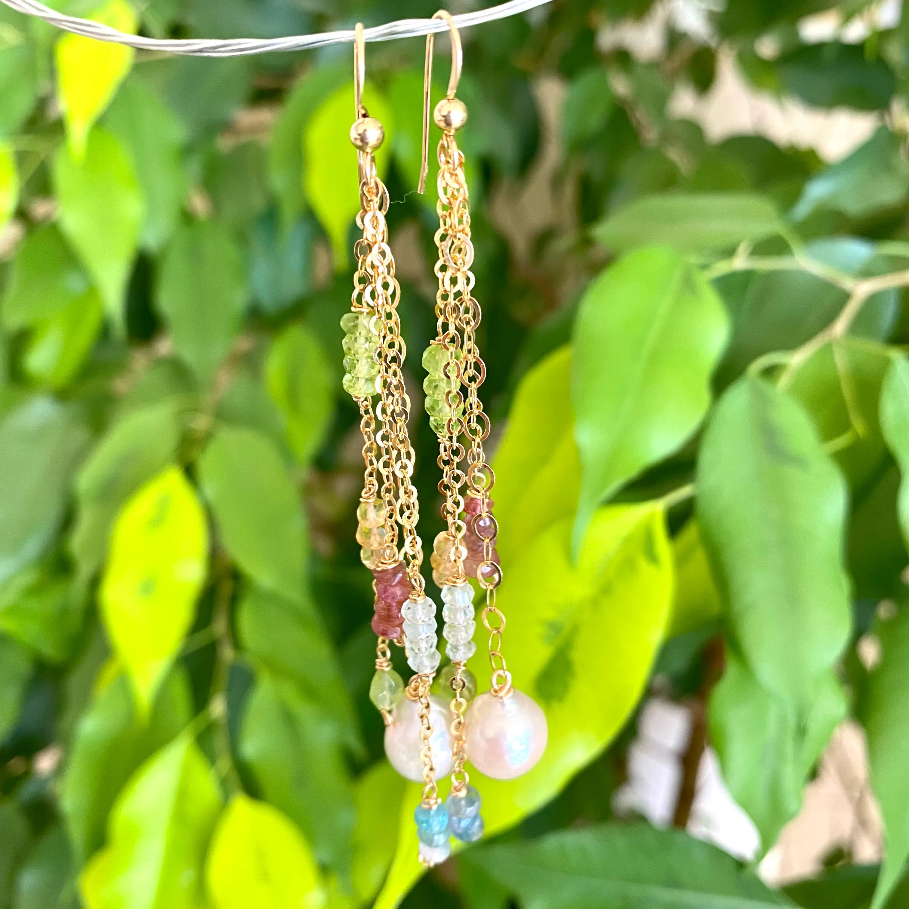 Yellow Gold Multi Gemstones and Baroque Pearl Hoop Earrings, Aquamarine, Citrine, Peridot & Pink Tourmaline, Gemstone Long Dangle Earrings