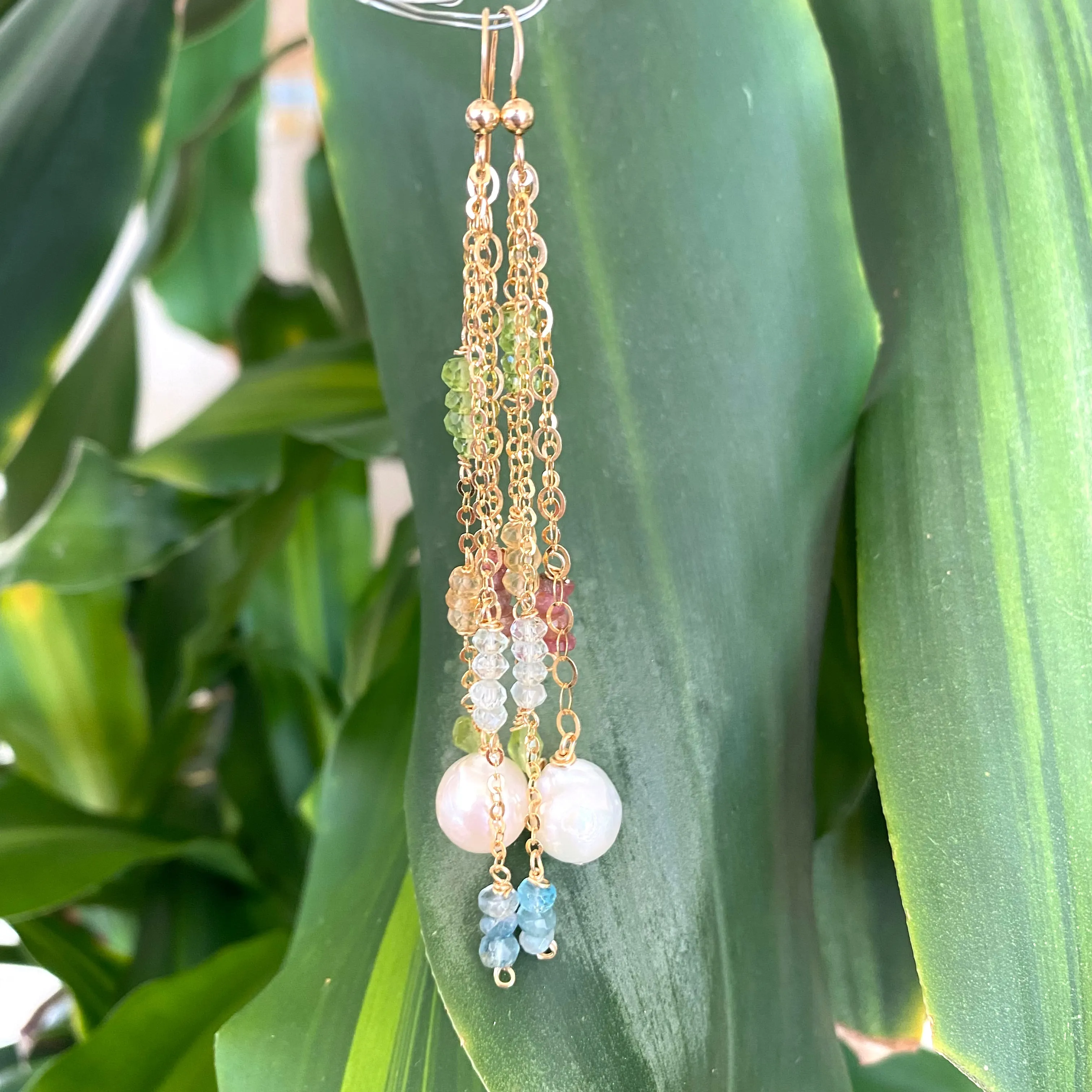 Yellow Gold Multi Gemstones and Baroque Pearl Hoop Earrings, Aquamarine, Citrine, Peridot & Pink Tourmaline, Gemstone Long Dangle Earrings