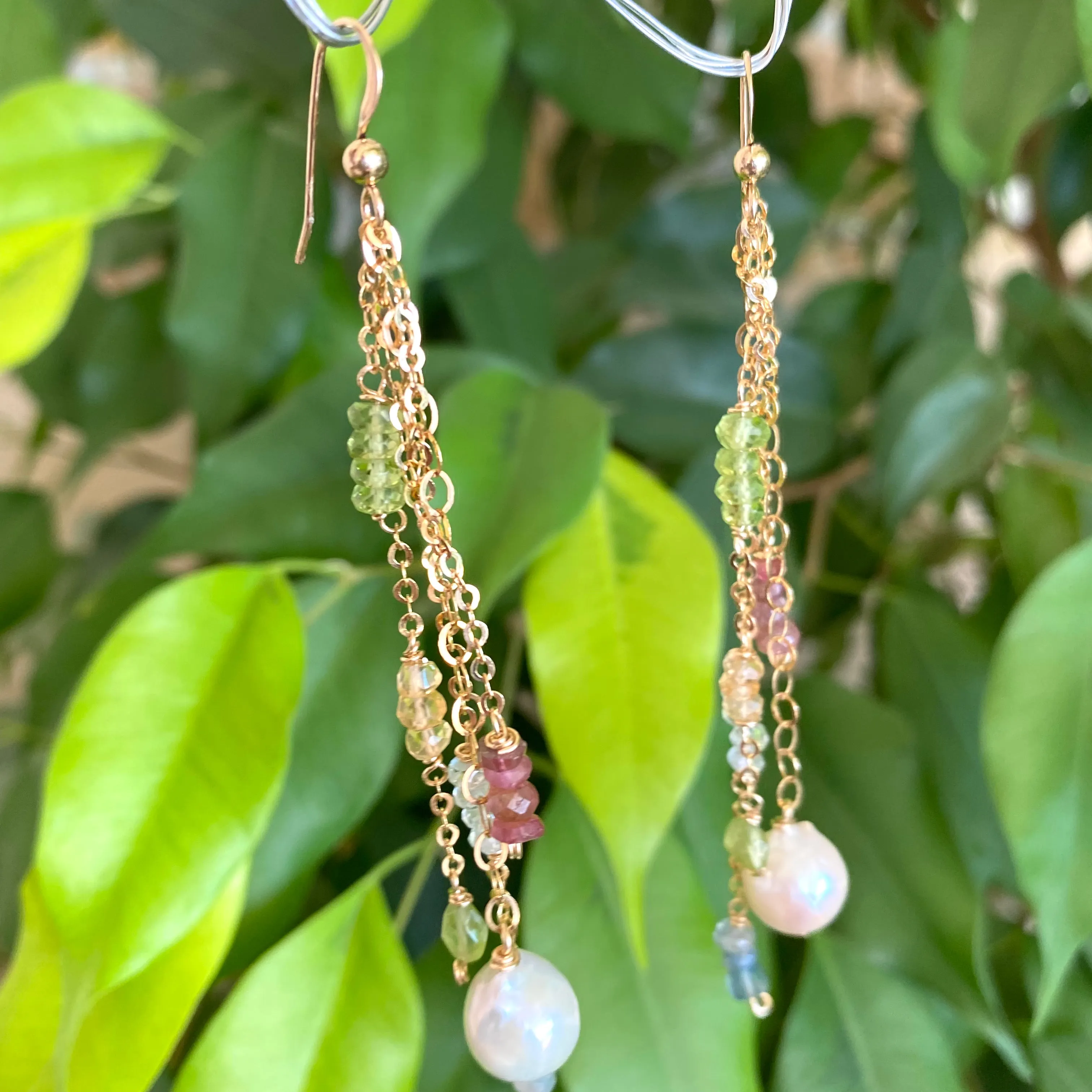 Yellow Gold Multi Gemstones and Baroque Pearl Hoop Earrings, Aquamarine, Citrine, Peridot & Pink Tourmaline, Gemstone Long Dangle Earrings