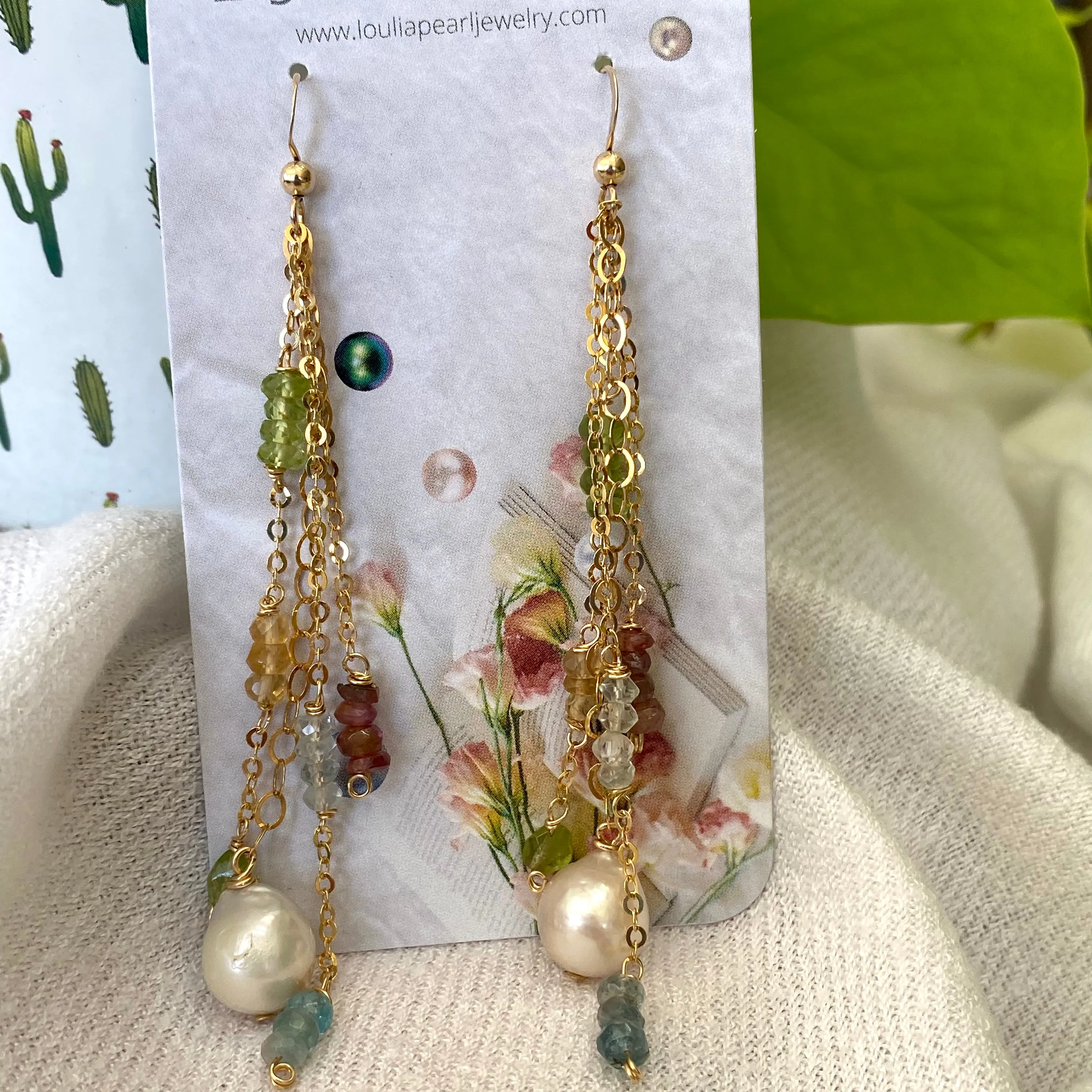 Yellow Gold Multi Gemstones and Baroque Pearl Hoop Earrings, Aquamarine, Citrine, Peridot & Pink Tourmaline, Gemstone Long Dangle Earrings