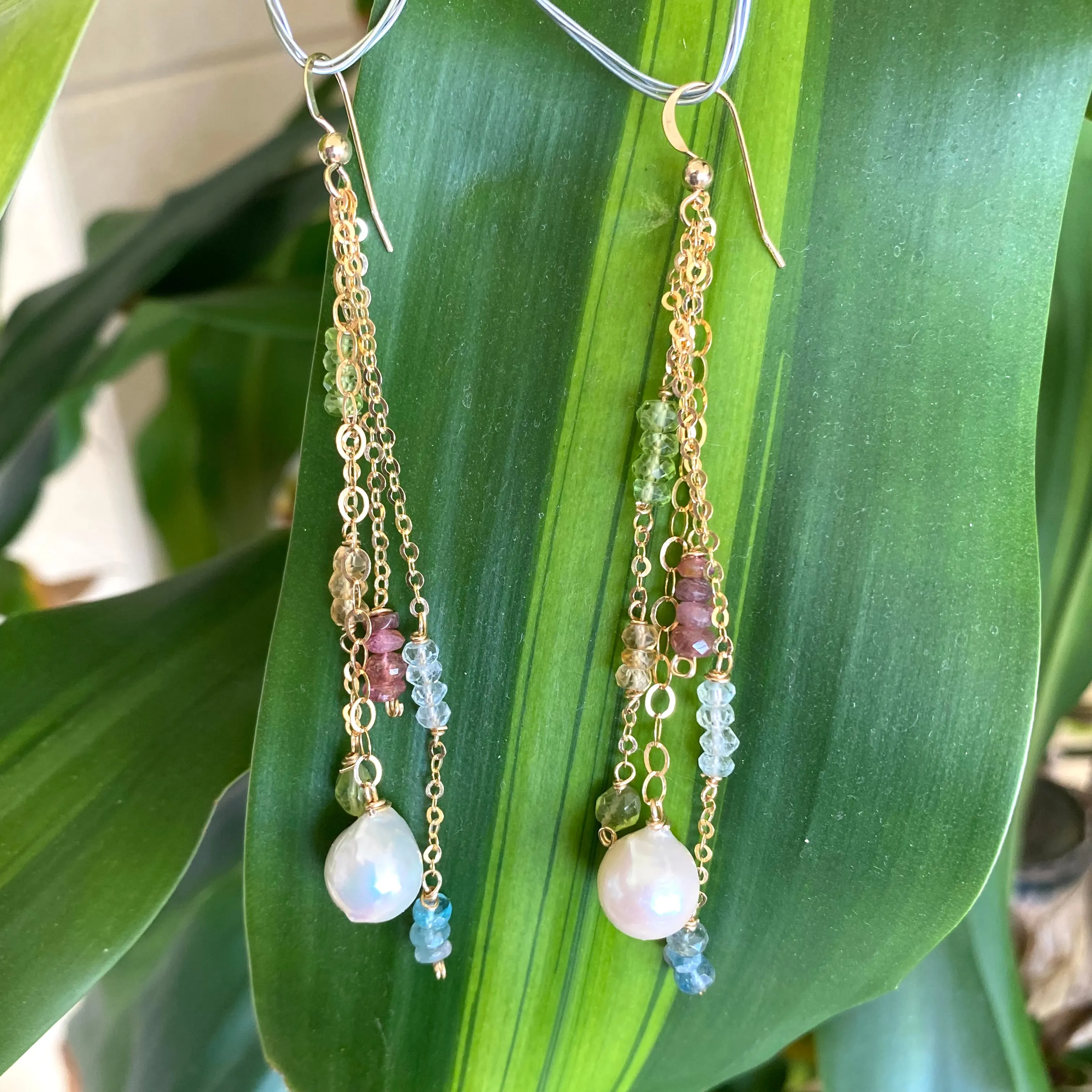 Yellow Gold Multi Gemstones and Baroque Pearl Hoop Earrings, Aquamarine, Citrine, Peridot & Pink Tourmaline, Gemstone Long Dangle Earrings