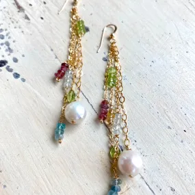 Yellow Gold Multi Gemstones and Baroque Pearl Hoop Earrings, Aquamarine, Citrine, Peridot & Pink Tourmaline, Gemstone Long Dangle Earrings