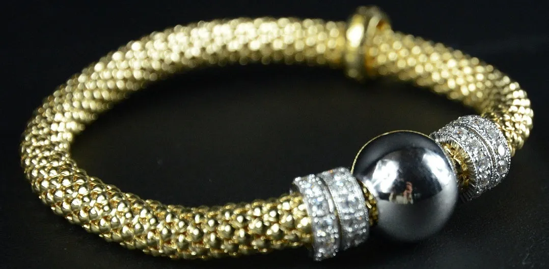 Yellow Gold Plated Silver Beaded Stretch Bracelet with multiple Rows of Cubic Zirconia Rings 19cm long - Ceilo Milan